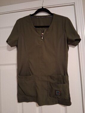 Koi Lite nurses scrub top, size small, Olive green color.